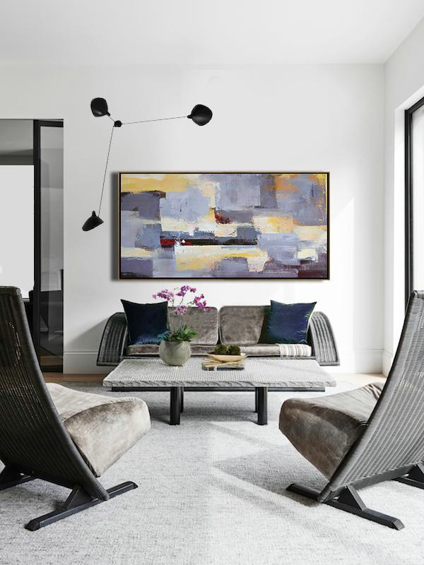 Original Painting Hand Made Large Abstract Art,Horizontal Palette Knife Contemporary Art Panoramic Canvas Painting,Original Art,Purple,Grey,Yellow.etc